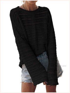 Womens Long Sleeve Crochet Knit Pullover Sweater Hollow Out Sheer Top